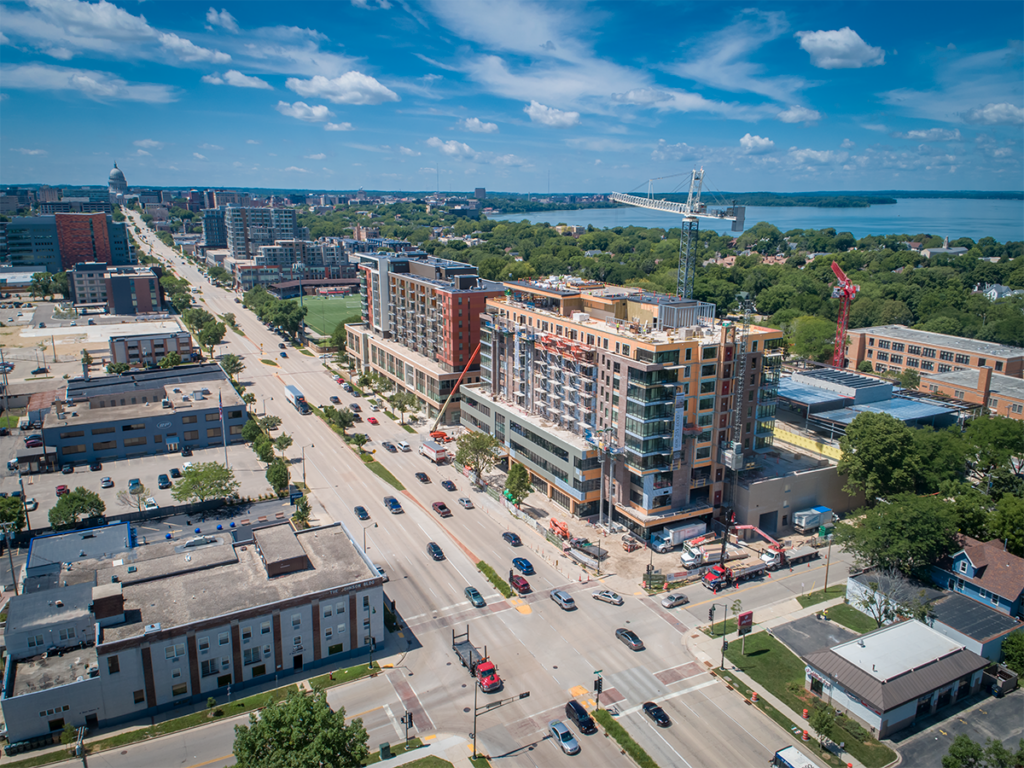 Aerial view of the Lyric and Arden buildings under construction