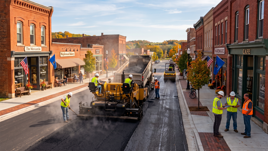 Road paving project representing infrastructure execution for Wisconsin's smaller communities.